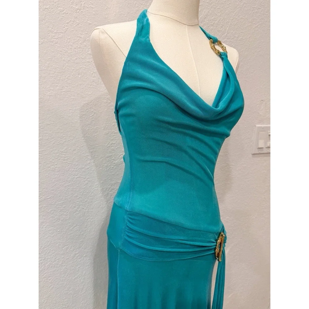 VTG Cacique Aqua Halter Dress XS Cowl Neck Gold Ring Detail Y2K Going Out 2000's - Picture 12 of 12
